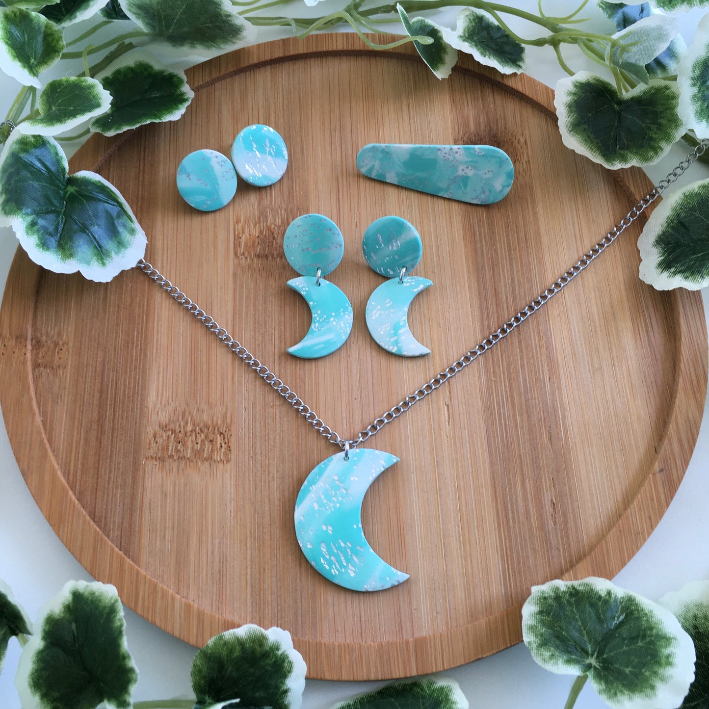 Teal Marble Jewelry Set - Necklace, 2 Pairs of Earrings, & a Hairclip