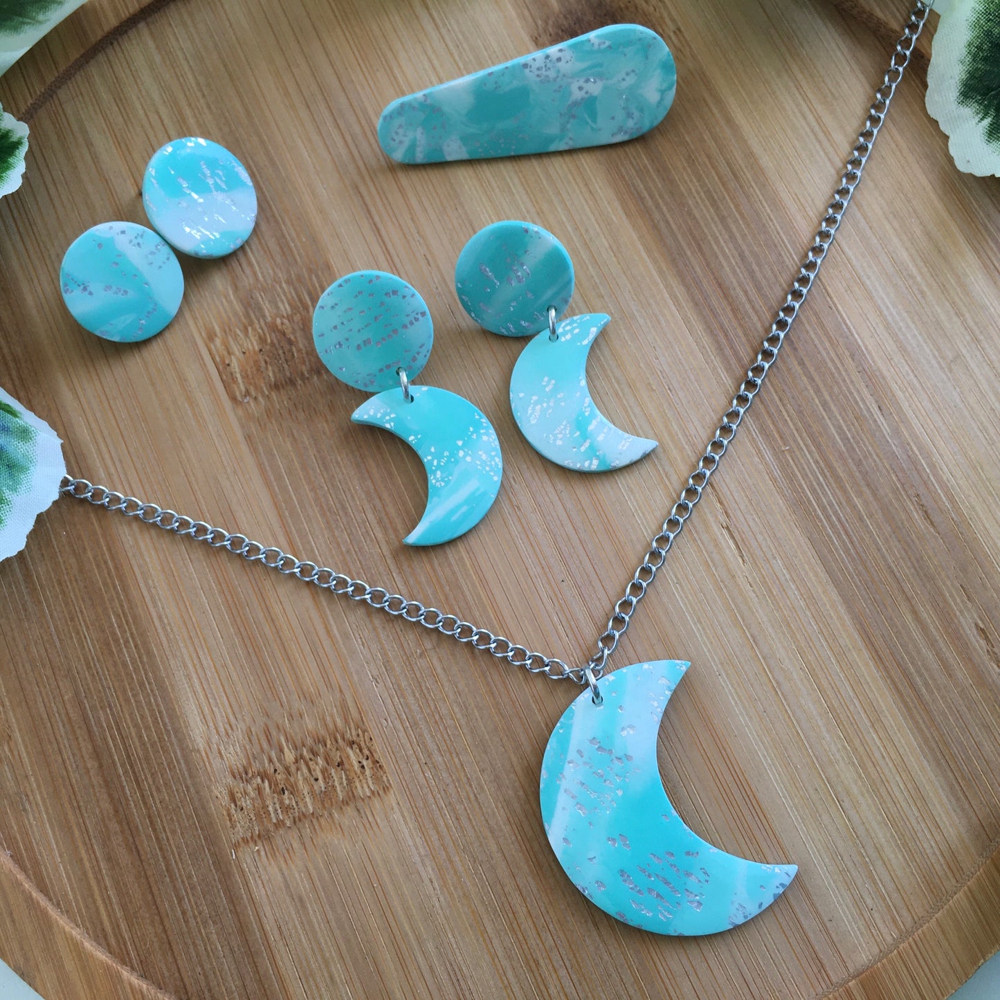 Teal Marble Jewelry Set - Necklace, 2 Pairs of Earrings, & a Hairclip