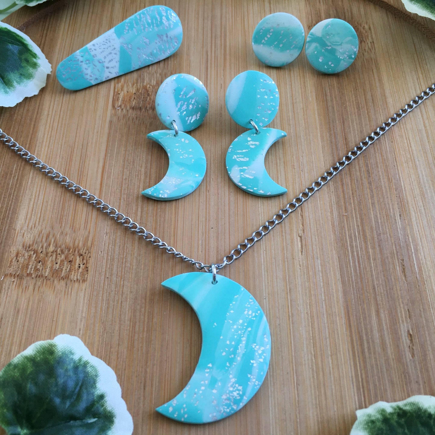 Teal Marble Jewelry Set - Necklace, 2 Pairs of Earrings, & a Hairclip
