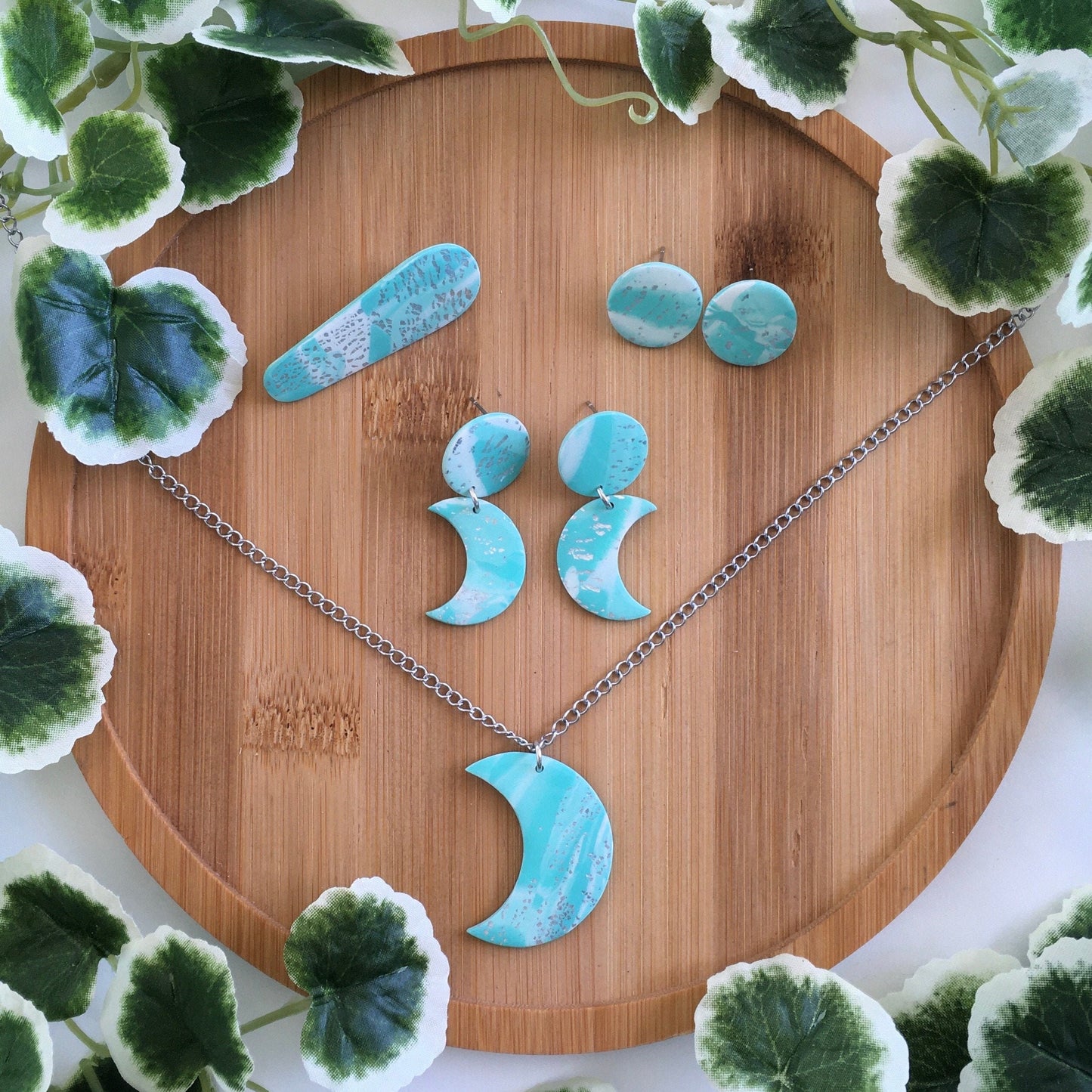 Teal Marble Jewelry Set - Necklace, 2 Pairs of Earrings, & a Hairclip