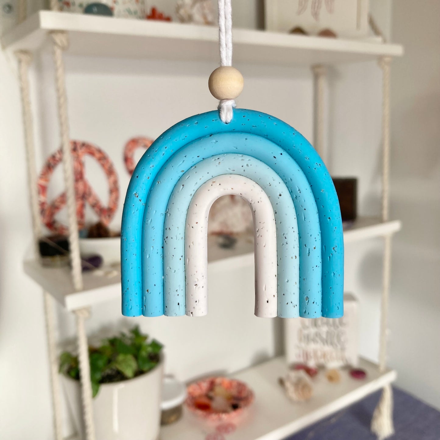 Blue Ombre Mini Macramé Rainbow Rear View Mirror/Wall Hanging