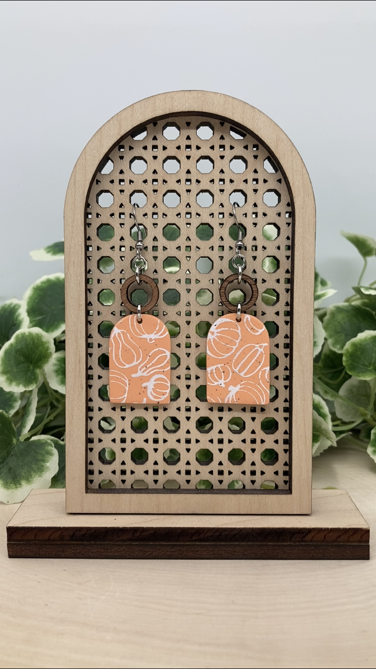 Orange Pumpkin Dangles With Wood Accent