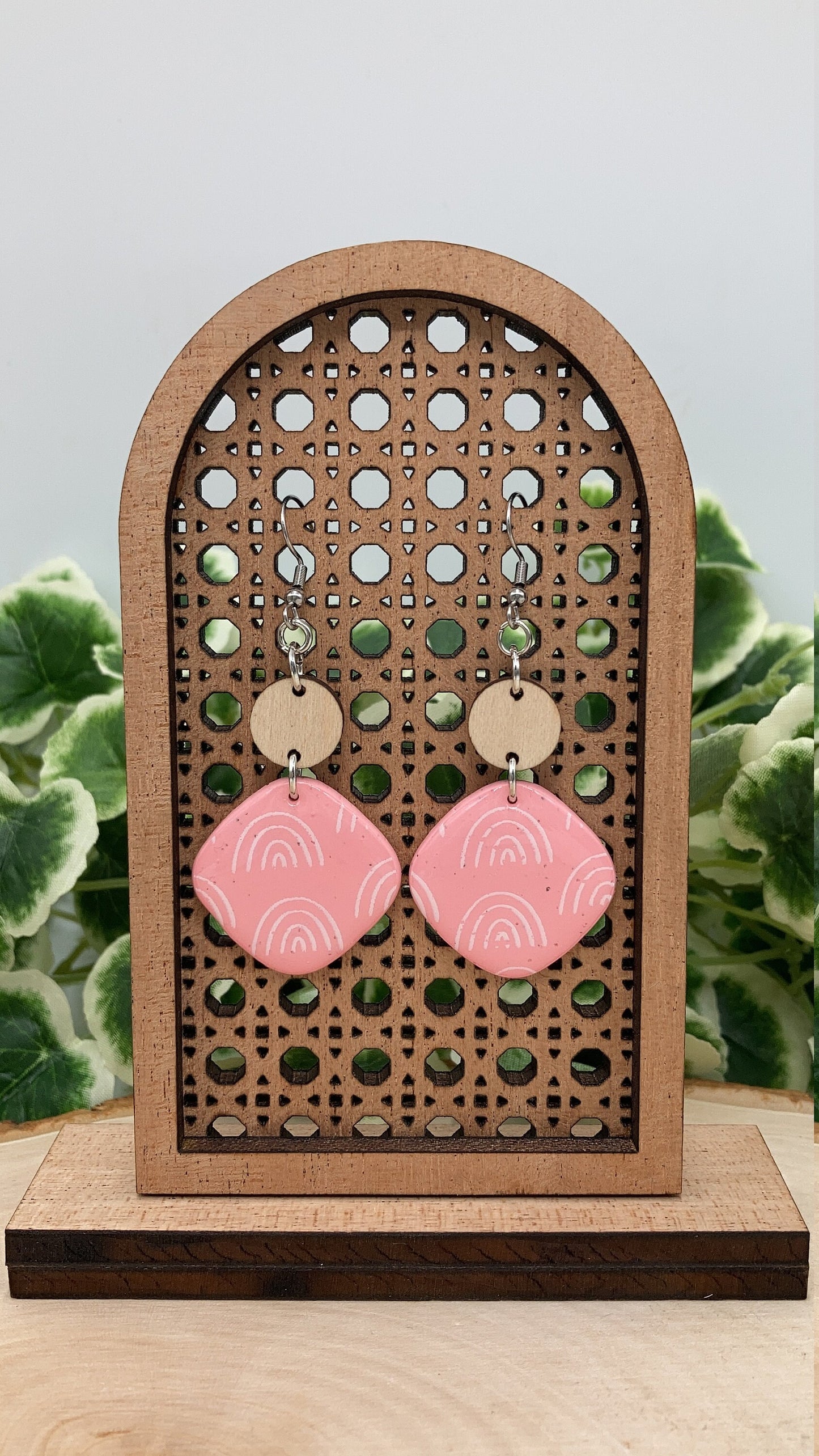 Diamond Shape Boho Statement Earrings with Wooden Accent