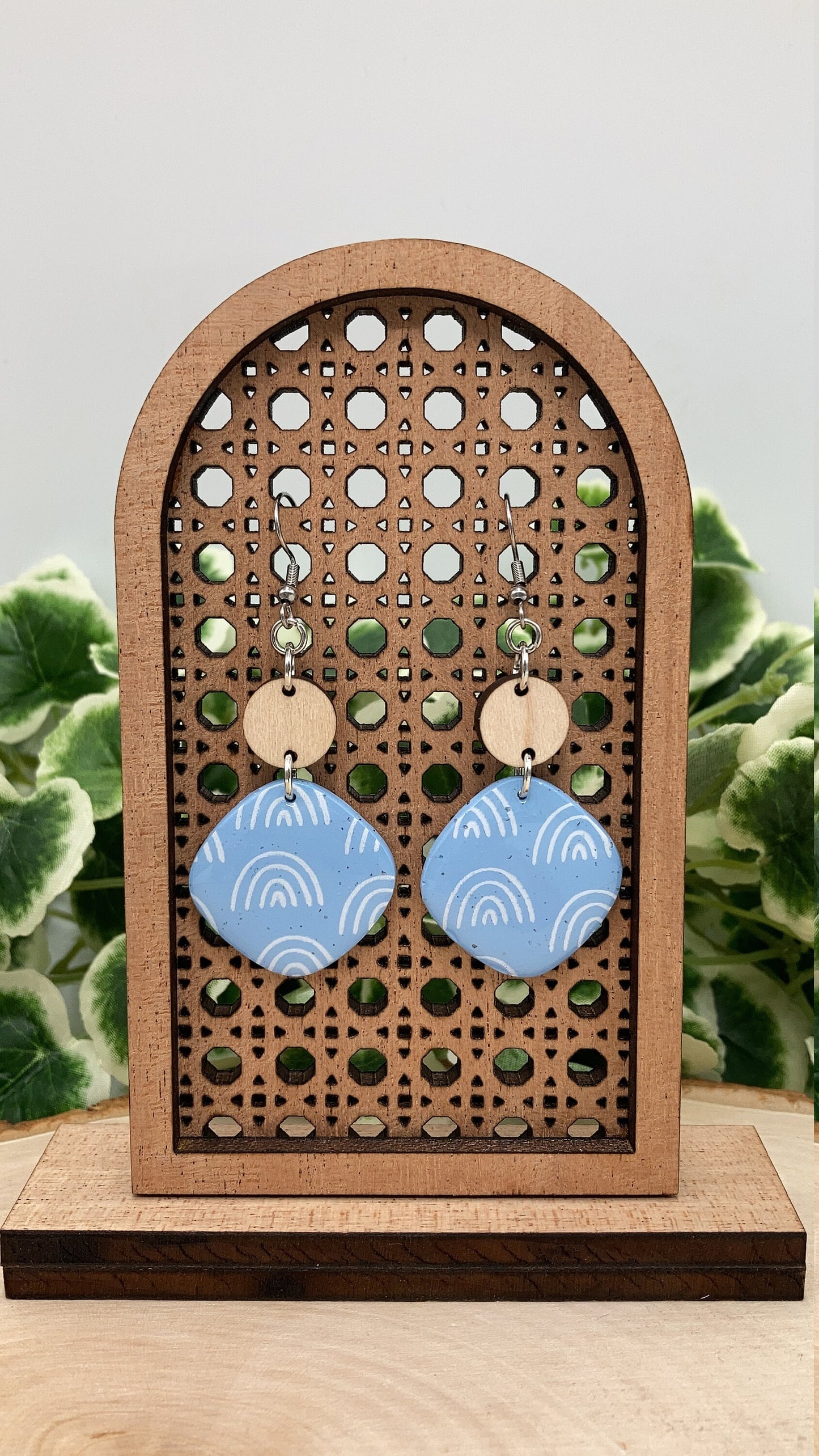 Diamond Shape Boho Statement Earrings with Wooden Accent