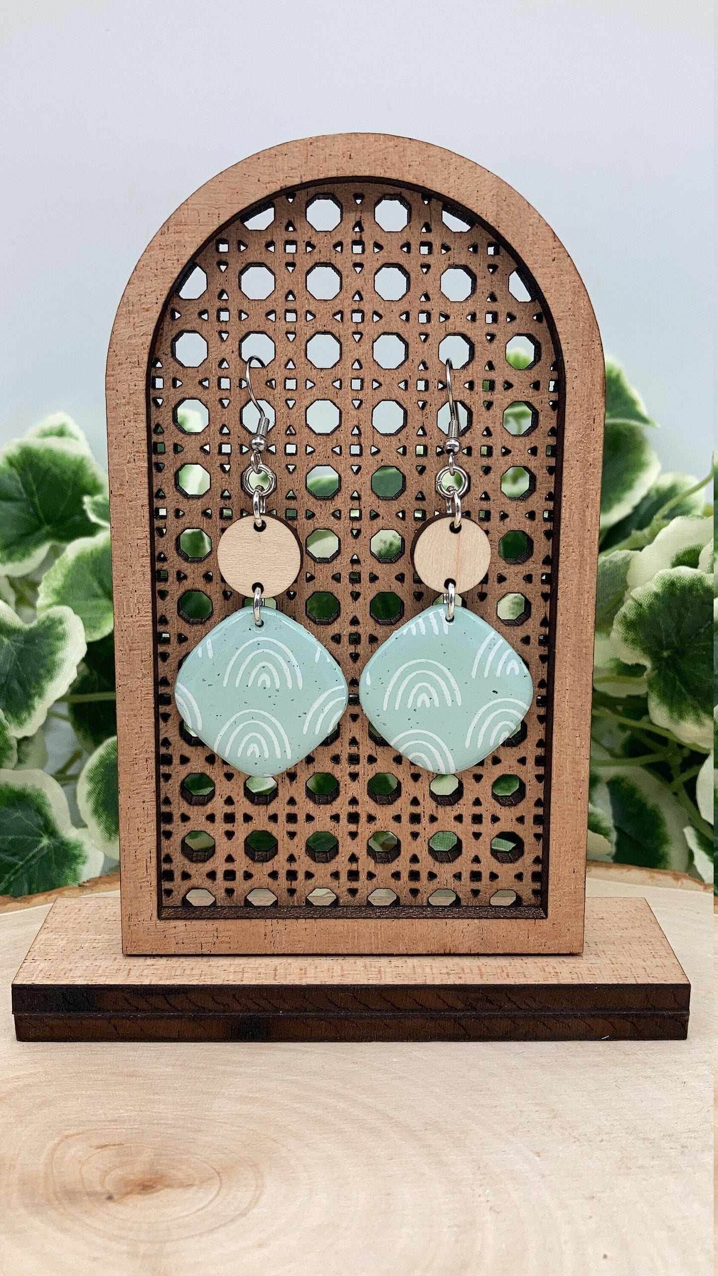 Diamond Shape Boho Statement Earrings with Wooden Accent